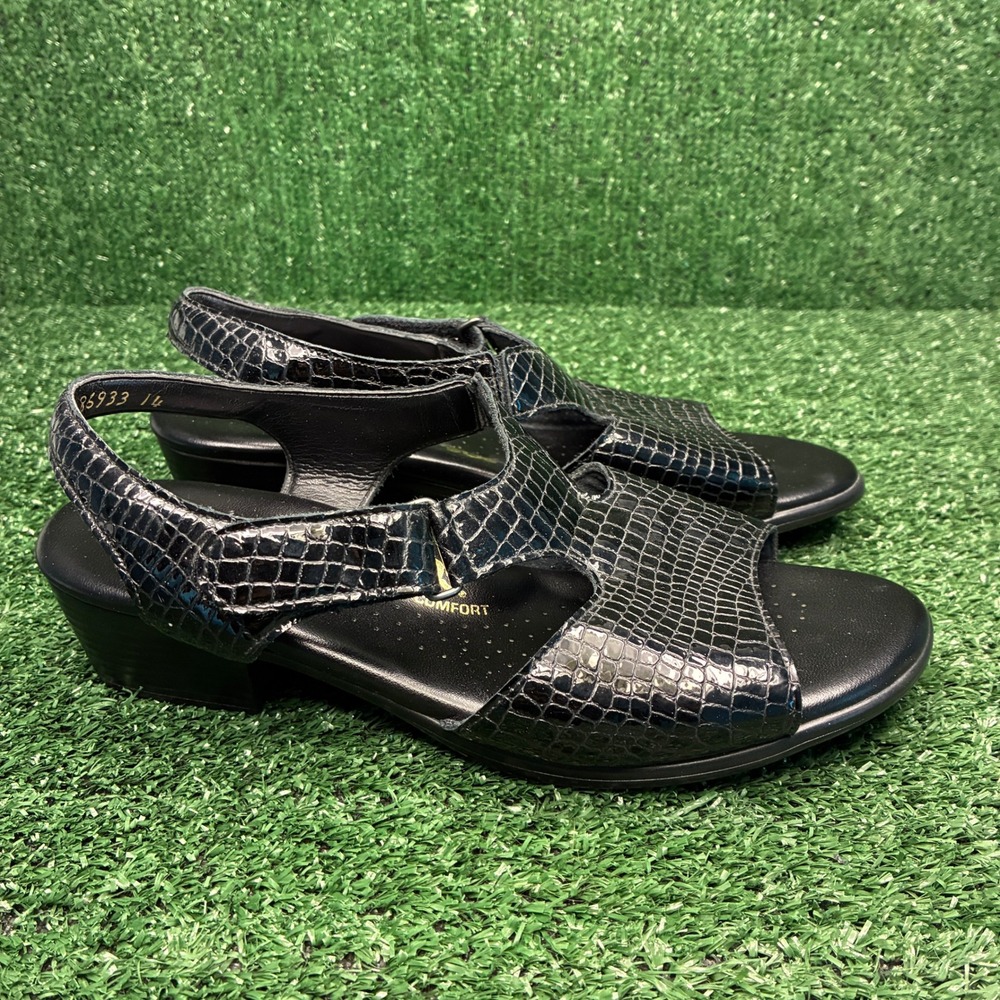 SAS Croc Embossed Leather Comfort Slingback Heel Sandals Black Womens Sz 9 Wide